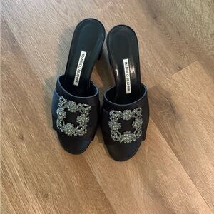 Manolo Blahnik Black Mules with Silver Embellishments